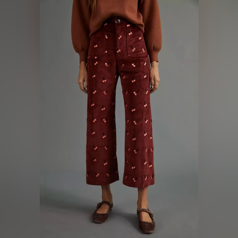 Anthropologie Maeve The Colette Cherry Embroidered Corduroy Cropped Pants